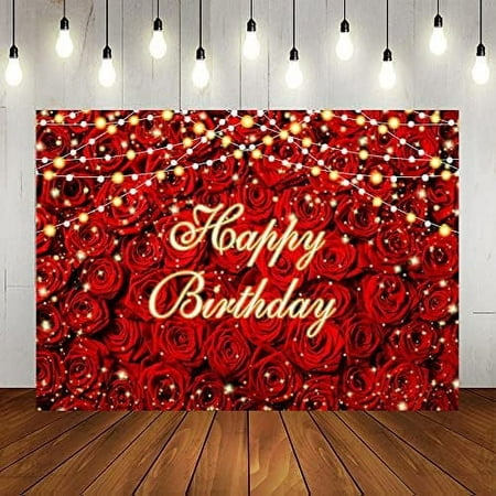 Image of Red Rose Flower Happy Birthday Backdrop Rose Floral Wall Adults Women Birthday Background Sweet 16 Happy 30th 40th 50th Birthday Party Supplies Studio Booth Props 5x3ft