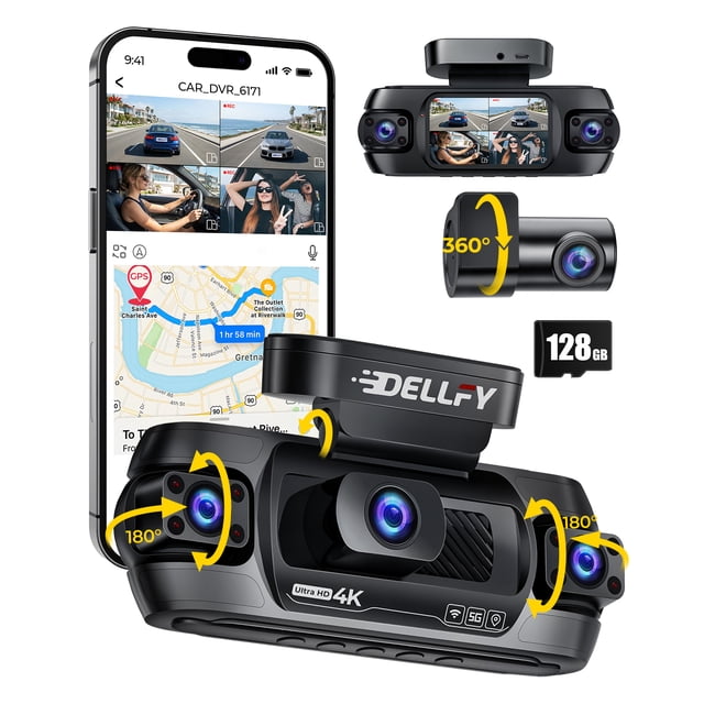 4 Channel Dash Cam, 4K Front & 3 * 1080P Rear/Left/Right, 360° Full View Dashcams for Cars, Built-in GPS & 5G WiFi APP, 24H Parking Mode, 8 IR Night Vision, G-Sensor, 128GB Card Included