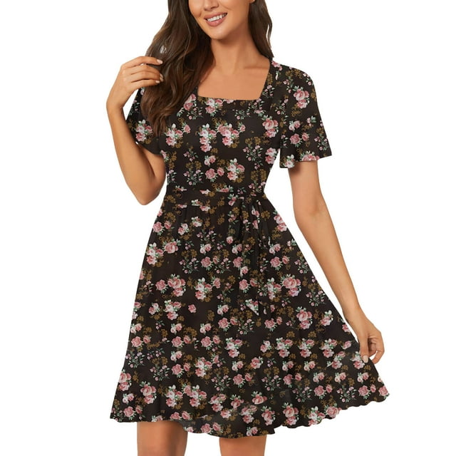 Cameland Robes d'Été pour Femmes Manches Courtes Imprimées Robe Slim Col Carré Robes de Soirée