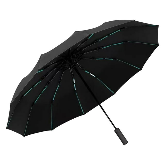 60-Rib Folding Umbrella - Fully Automatic Windproof UV Protection Umbrella for Rain/Sun, Large 42in Reinforced Frame with Black Rubber Coating, Compact Travel Design (Black)
