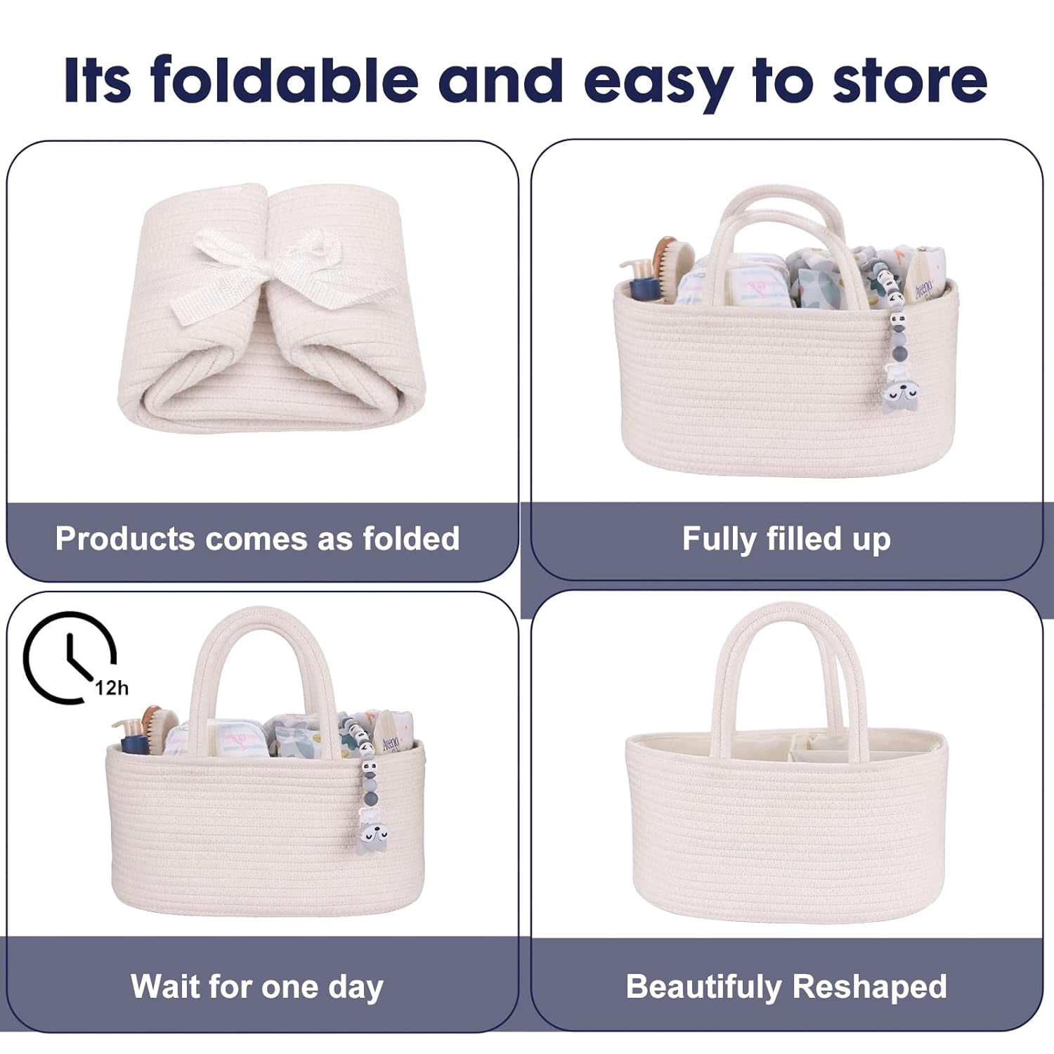 Baby Diaper Caddy Organizer for Girl Boy Cotton Rope Nursery Storage Bin Basket Portable Holder Tote Bag for Changing Table Car Travel Baby Shower Gifts Newborn Essentials Registry Must Haves White