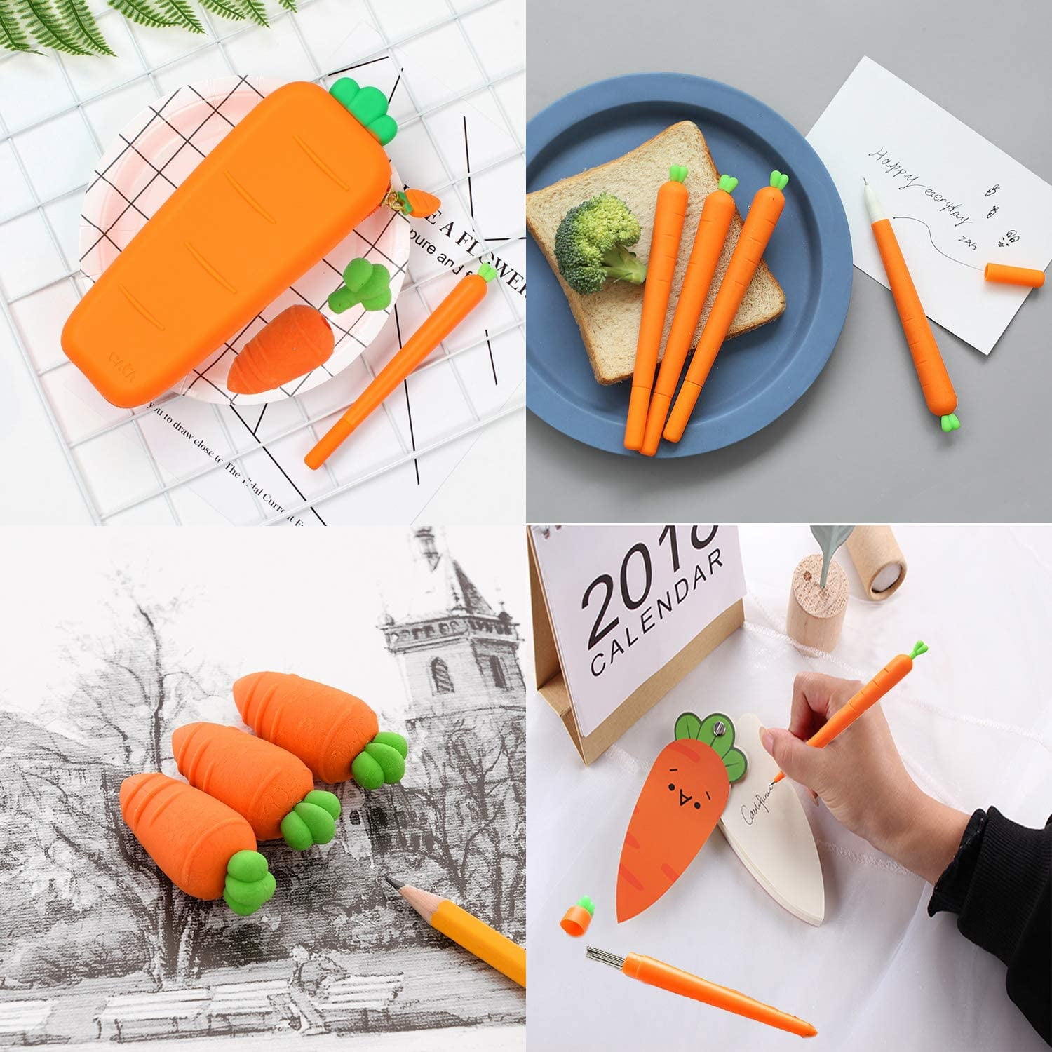 Cute Carrot Pencil Case Set - Pack of 10pcs,Large Capacity Soft Silicone Carrot  Pen Pouch,Gel Ink Pen,Mechanical Pencil,Eraser,Lead Refills for Cute School  Supplies/Stationery Kids Students Waterproof 