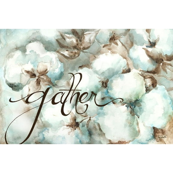 Beautiful Watercolor-Style "Gather" Cotton Bolls Floral Print by Tre Sorelle Studios; One 18x12in Unframed Paper Posters. Teal/Brown