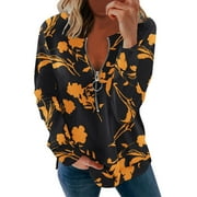 JWZUY Women's Causal 1/4 Zip Pullover Long Sleeve Collar Sweatshirts V Neck Loose Fit Graphic Flower Printed Blouses Tops Shirts Activewear Running Jacket Black S