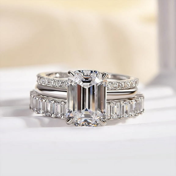 Veda Jewel 1.9 Ct Lab Created Diamond Anniversary Ring Set for Her - Emerald Cut Design in 14K White Gold Plated Ring with Band - Bridal Set with Eternity Ring - Personalized Gift Idea