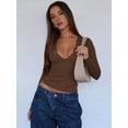 thumbnail image 6 of Women'S Long Sleeve Tops Going Out V Neck Crop Lace Mesh Slim Fitted Shirts Brown M, 6 of 9