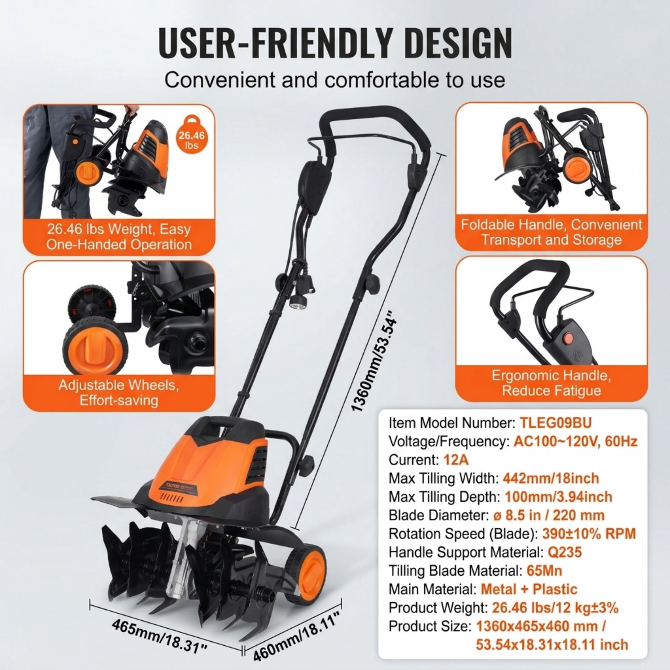12 Amp Electric Tiller & Cultivator, 18" Tilling Width Corded Rototiller with Steel Mn Tines for Garden and Lawn Soil