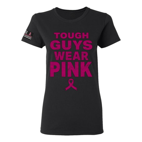 Wild Bobby Tough Guys Wear Pink Distressed US Flag Breast Cancer Awareness Women Graphic Tee, Black, Small