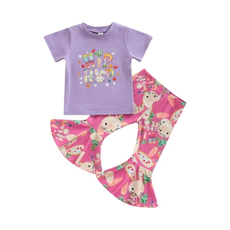 

Coduop Toddler Girls Easter Outfit Baby Kids Short Sleeve Rabbit Print T-shirt and Flare Pants Sets