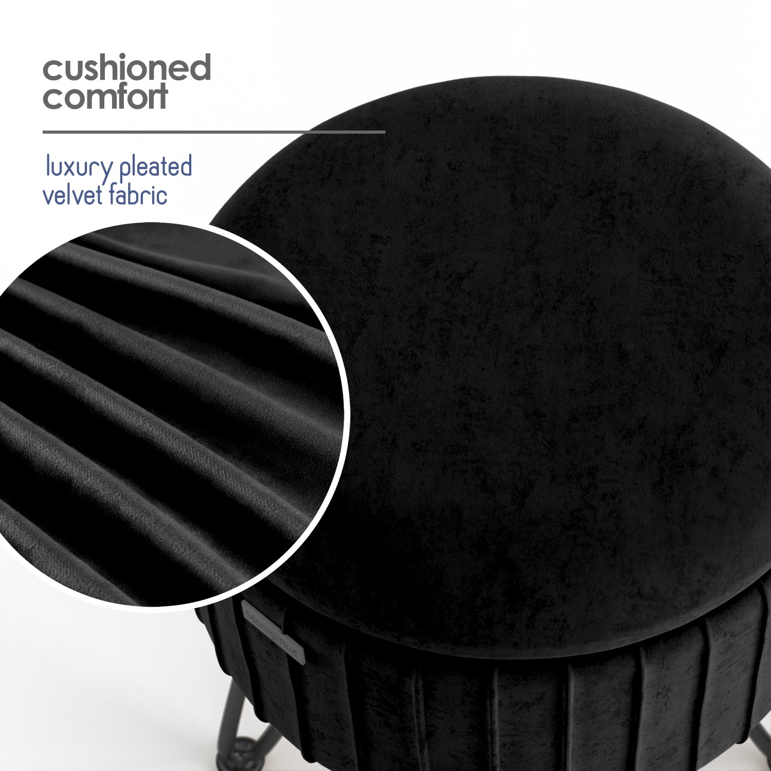 Hearth & Harbor Round Ottoman with Storage, Luxurious Foot Stool and Chic Vanity Stool with Storage, Elegant Pleated Velvet Black