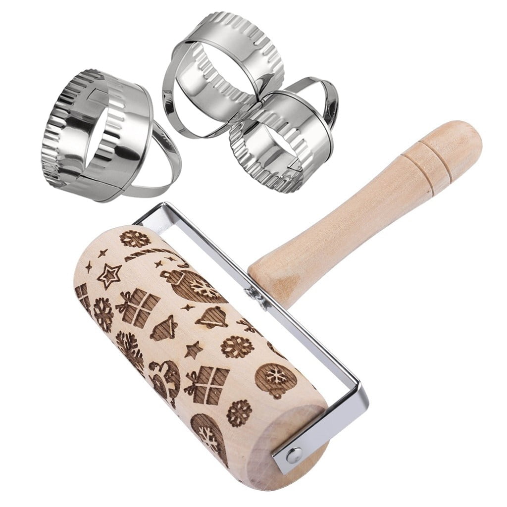 Embossed Rolling Pin Christmas Wooden Rolling Pins With Cookies Mold