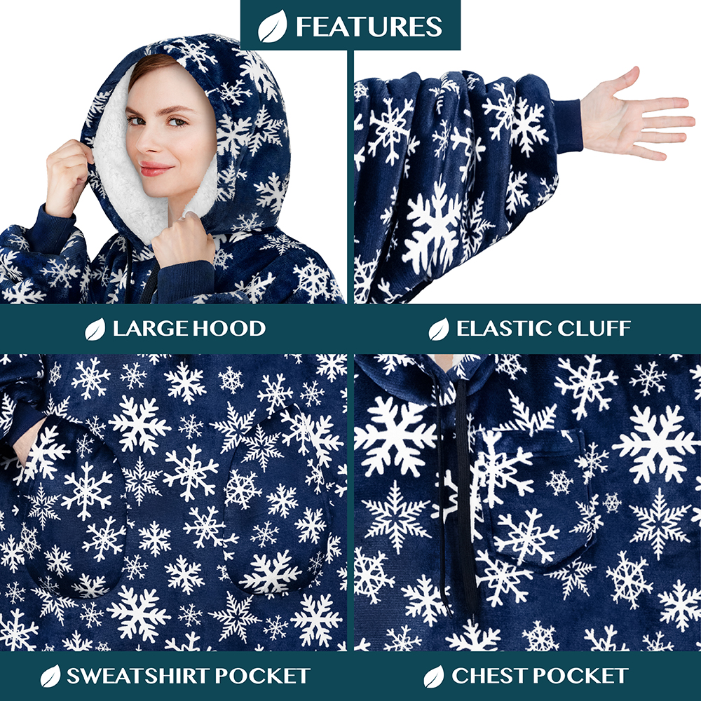 PAVILIA Blanket Hoodie for Women Blue, Sherpa Wearable Blanket Men, Cozy Oversized Sweatshirt Blanket, Warm Fleece Hooded Blanket Sweater with Sleeves and Two Big Pocket, Adult Long, Blue Snowflake