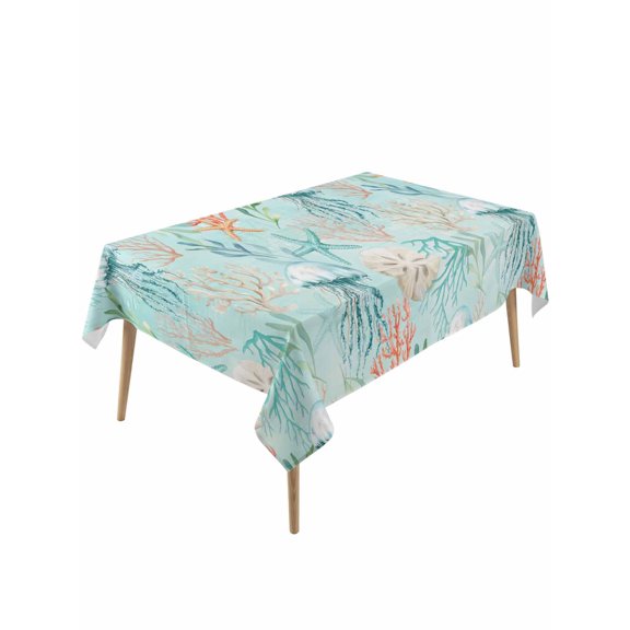 Teal Red Coastal Jellyfish Rectangle Tablecloth, Summer Nautical Beach Coral Starfish Waterproof & StainResistant Tablecloth, Washable Oil-proof Table Cover for Dining/Party/Wedding/Buffet 60x120 In