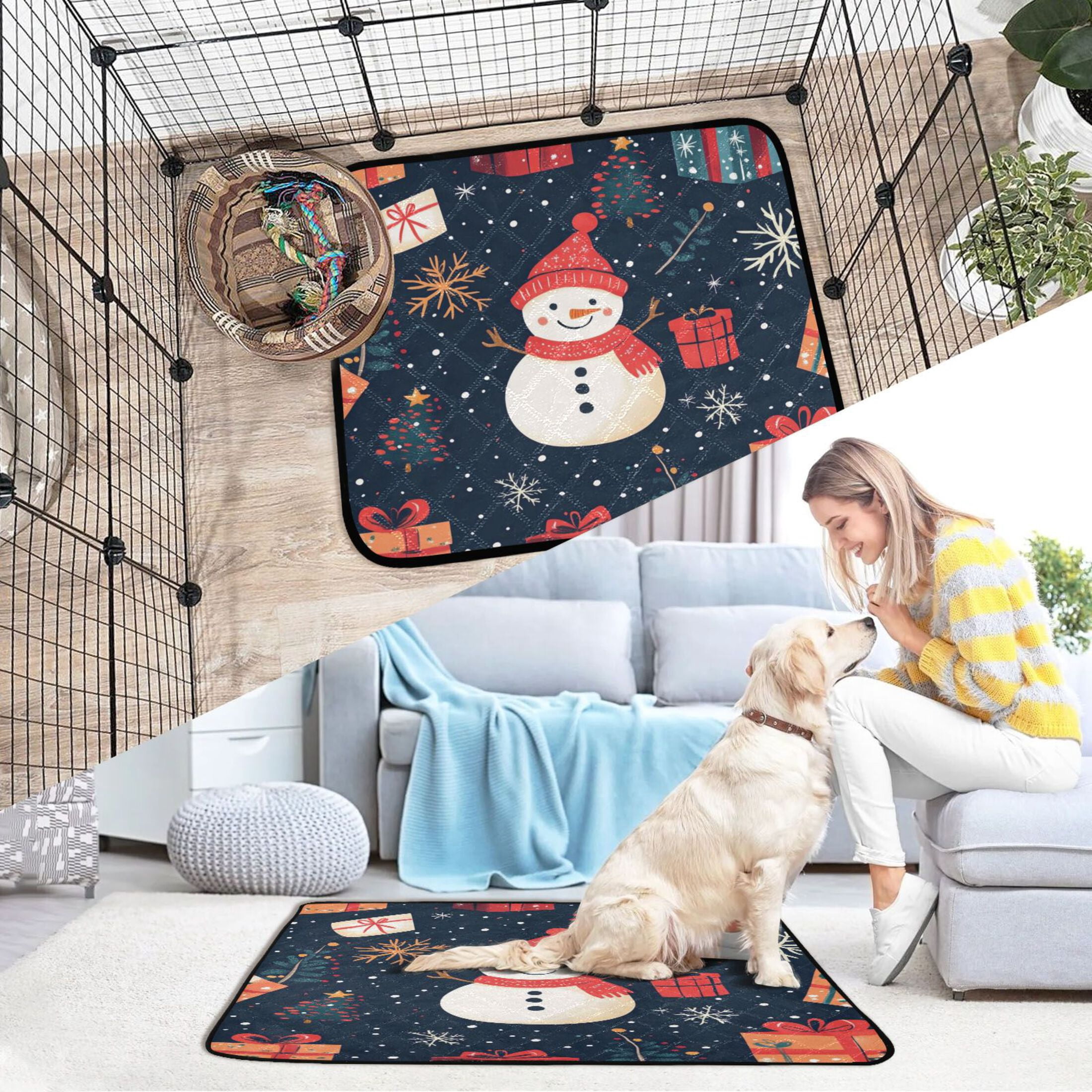 Qxltty Illustration Of Christmas Snowman and Trees Cat litter Pads Pet Set of 3 Diaper Mats Center Anti-leakage Layer Absorbent Soft and Comfortable