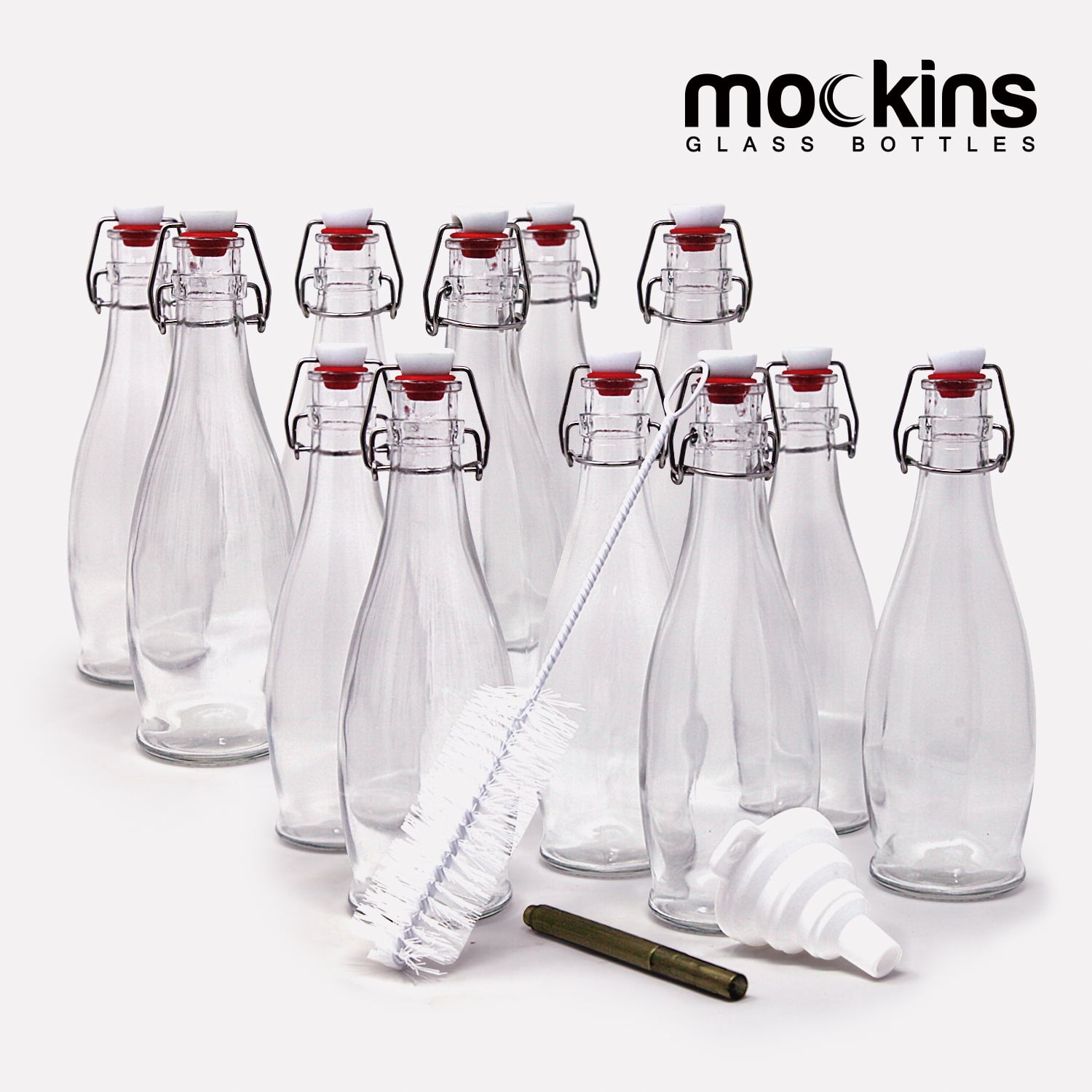 Mockins Set of 12 17 oz Glass Bottle Set with Swing Top Stoppers