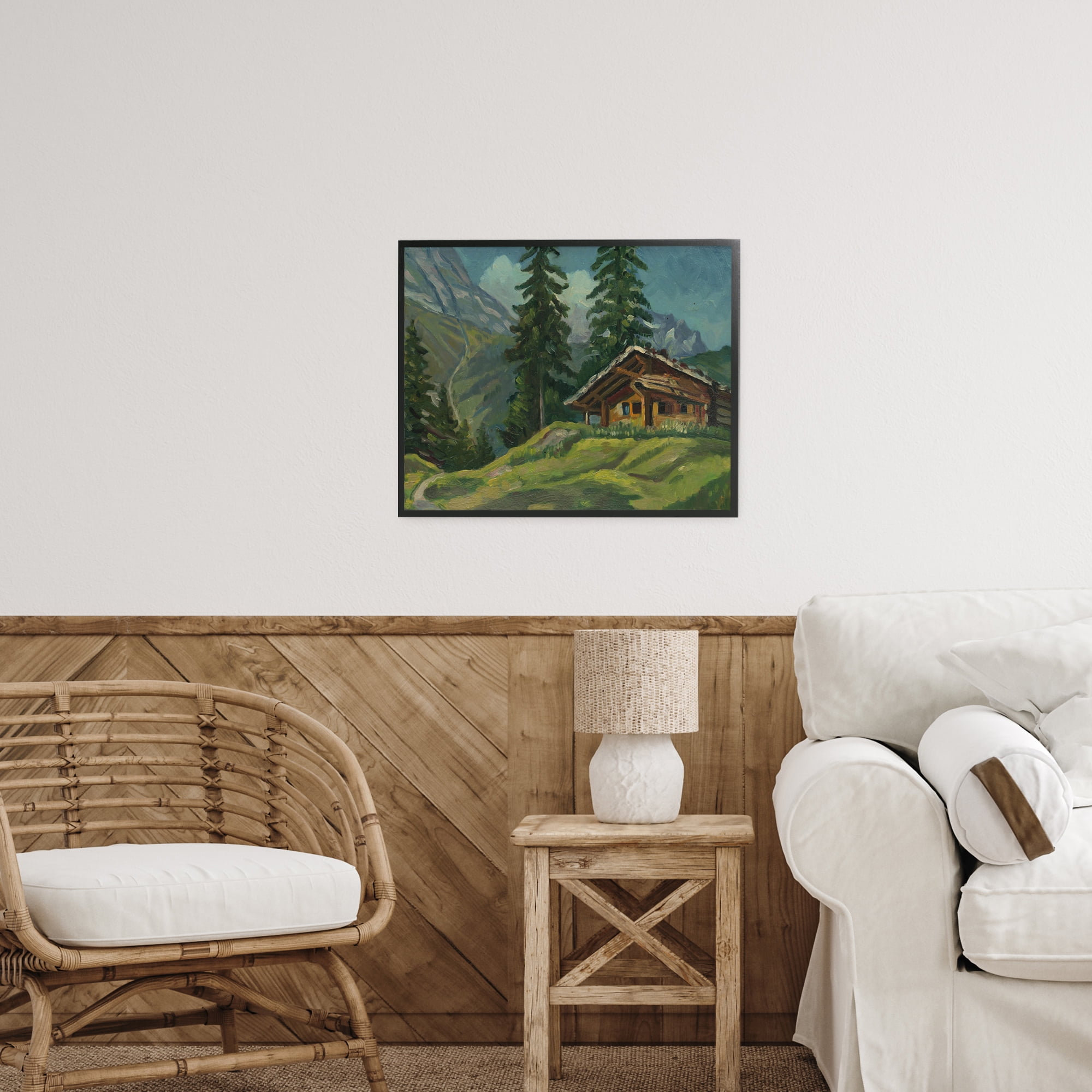 Cabin At Base Of Mountain Black Framed Giclee Art, design by Lettered and Lined