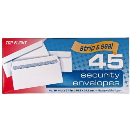 Top Flight Number 10 Boxed Security Envelopes, Strip and Seal Closure, 4 1/8 x 9 1/2 Inches, White, 45 Envelopes per Box (6900120)