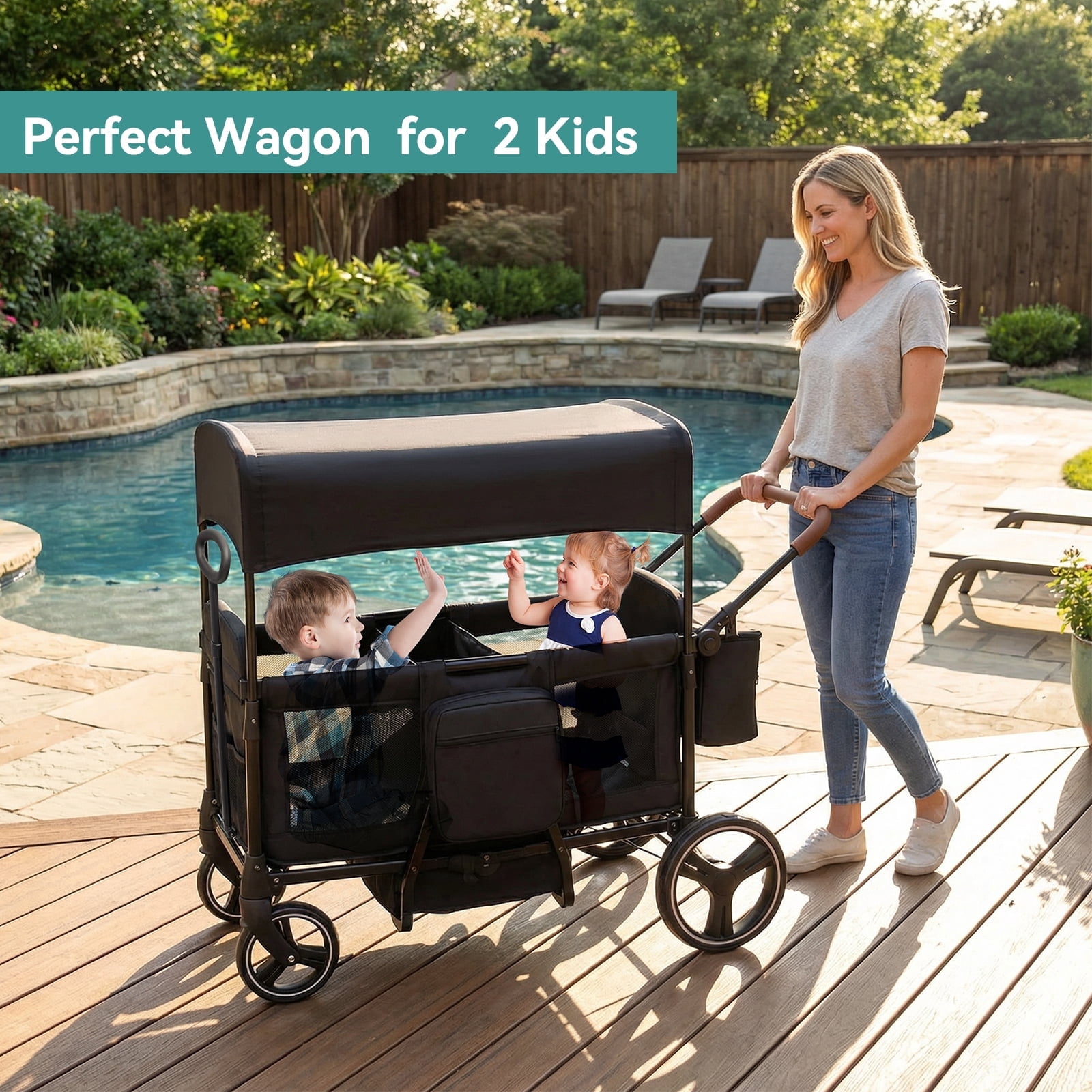 Folding Push Pull Wagon Stroller for 2 Kids – Adjustable Canopy UPF 50+ and Mosquito Net, 5-Point Harness, All-Terrain Wheels, Large Storage with Snack Tray, Ideal for Baby Toddler Park Beach Travel