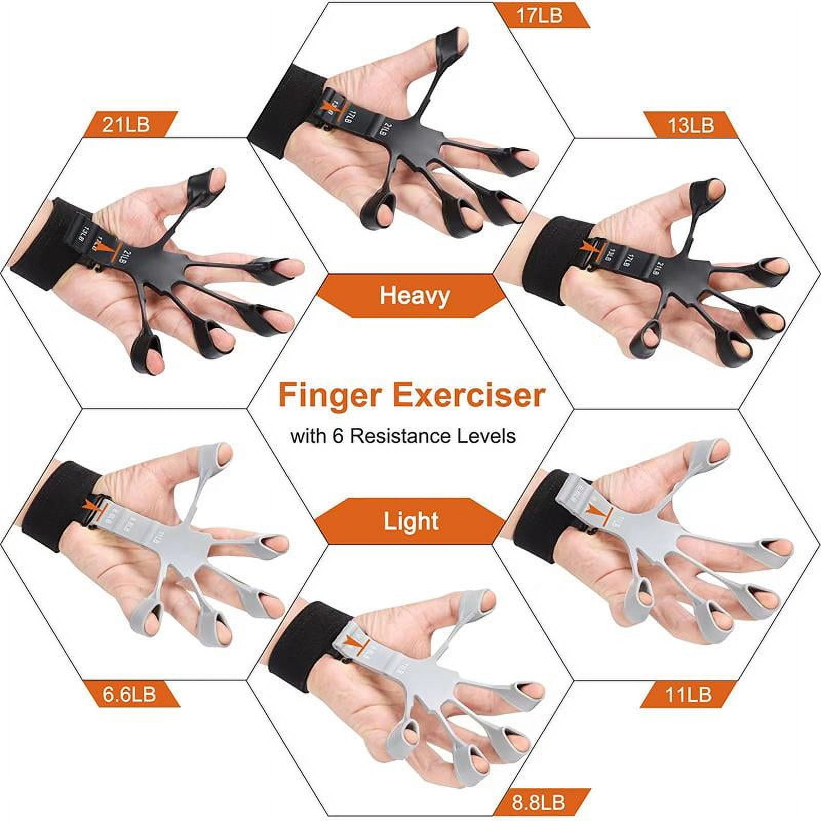 Finger trainer, wrist tension device, 6 wristbands, and 6 trainers (3 gray and 3 black)