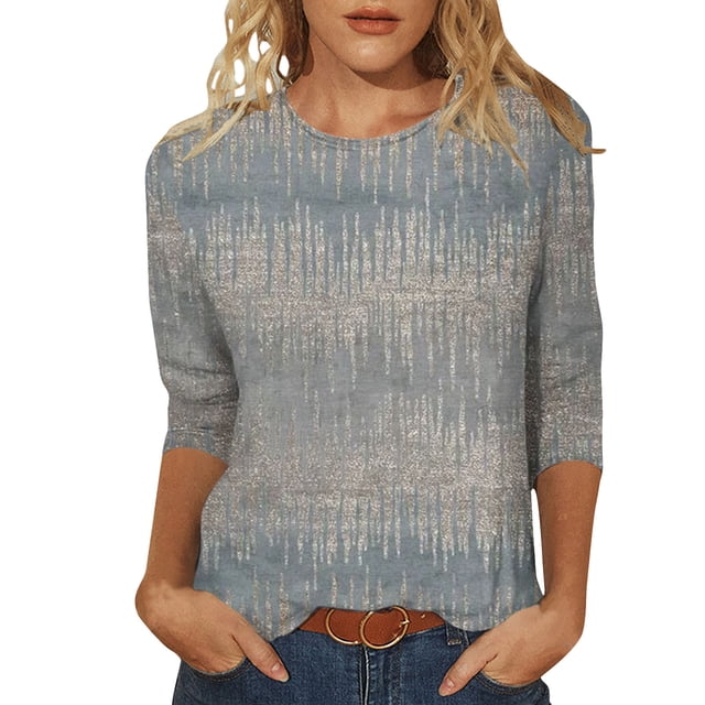 Blouse pour Femmes T-shirt Imprimé Col Rond Manches Trois-Quarts Ample