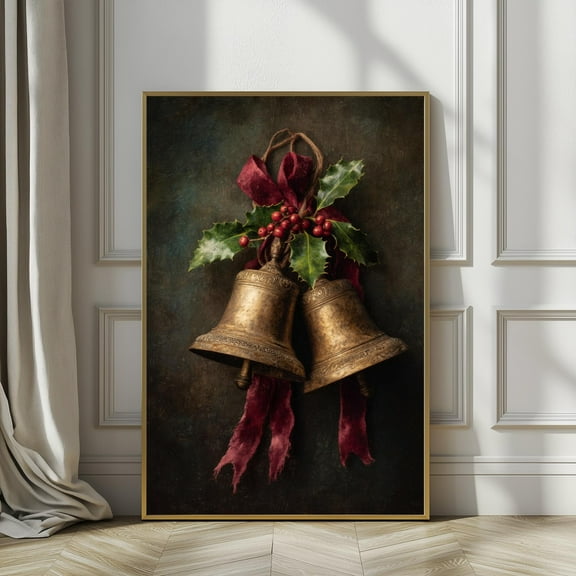 Vintage Christmas Jingle Bells Print, Christmas Moody Brass Bells Wall Art, Holiday Decor Oil Painting Print, Winter Print Dark Academia, 8x12 UNFRAMED