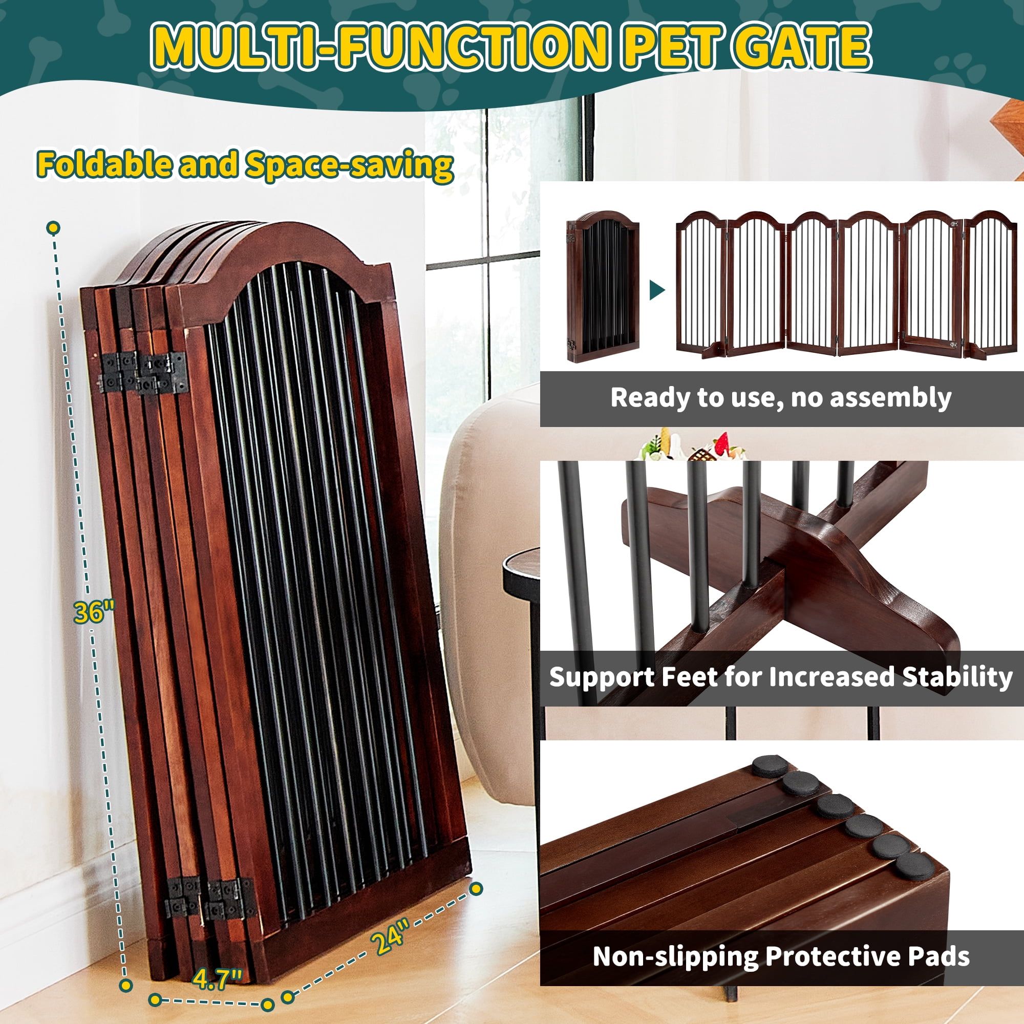 TrumanPick Free Standing Pet Gate with Door 36"H x 144"W Foldable Dog Gate 6 Panels Solid Wooden Dog Fence Indoor with Support Feet for House Doorways Stairs, Brown