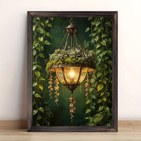 12x16in Framed Vintage Chandelier Succulent Wood Print, Enchanted Garden Wall Art for Bedroom Living Room Home Decor
