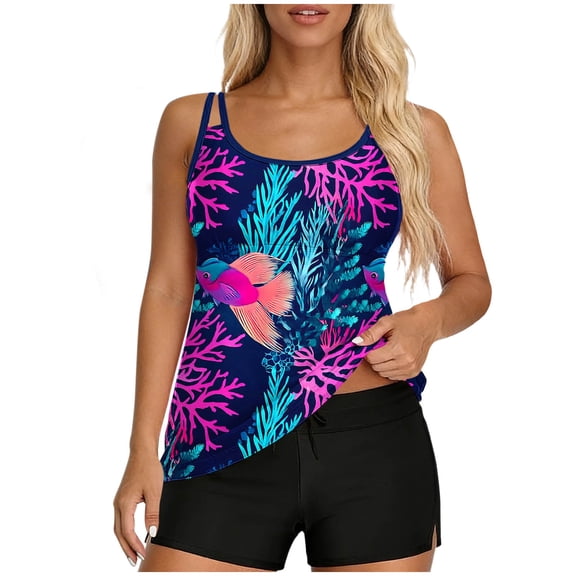 Danhjin Graphic Tankini Swimsuit for Women 2 Piece Set Tank Top and Short with Pockets Swimwear Summer Beach Fashion Bathing Suits Set Cute Attractive Swiming Sun Swim Suits
