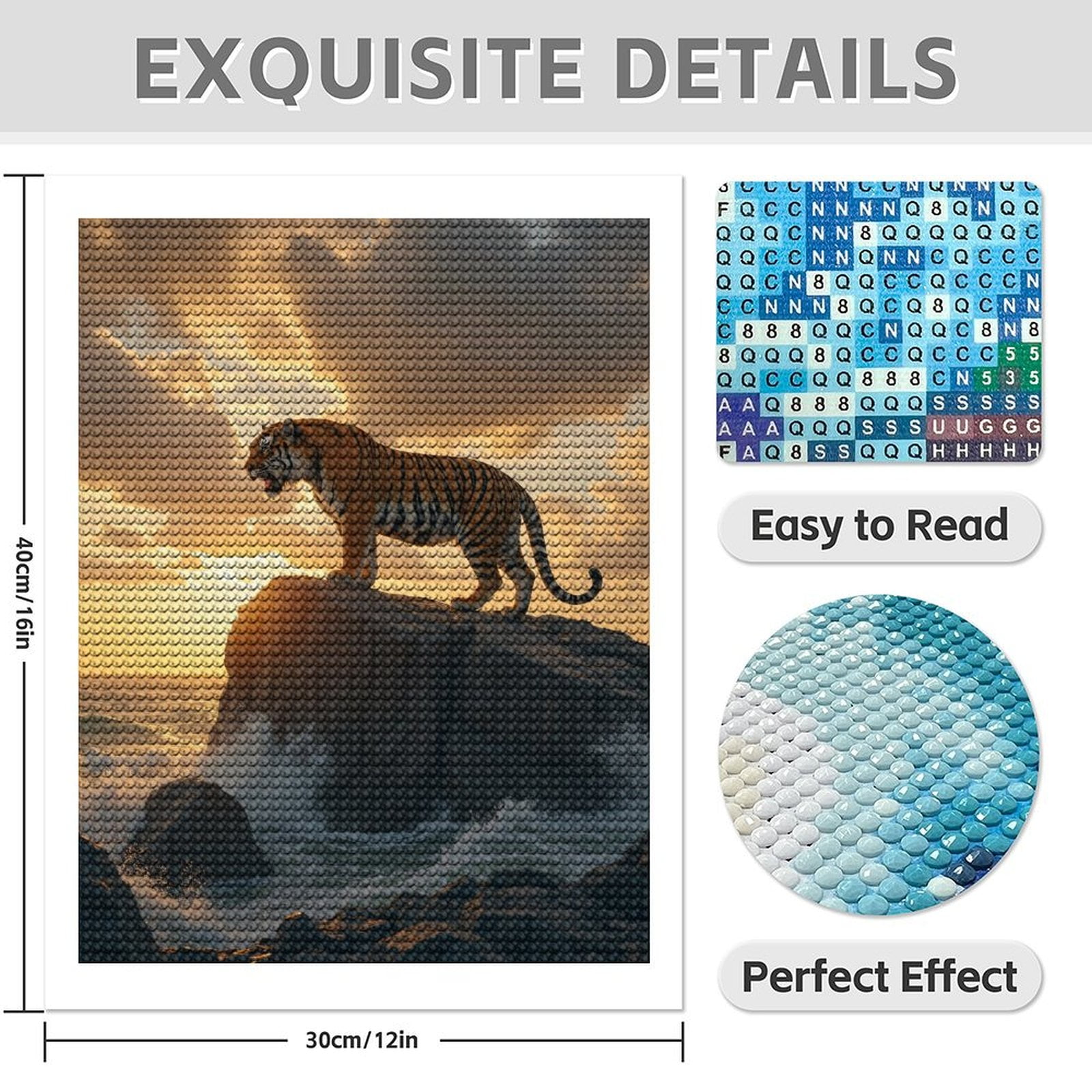 Diamond Art Kit for Adults, Tiger Sunset Ocean Rocks Majesty Diamond Painting for Adults Beginners, 5D DIY Diamond Art Painting Kits, Colorful Diamond Painting Craft for Home Decor 12x16