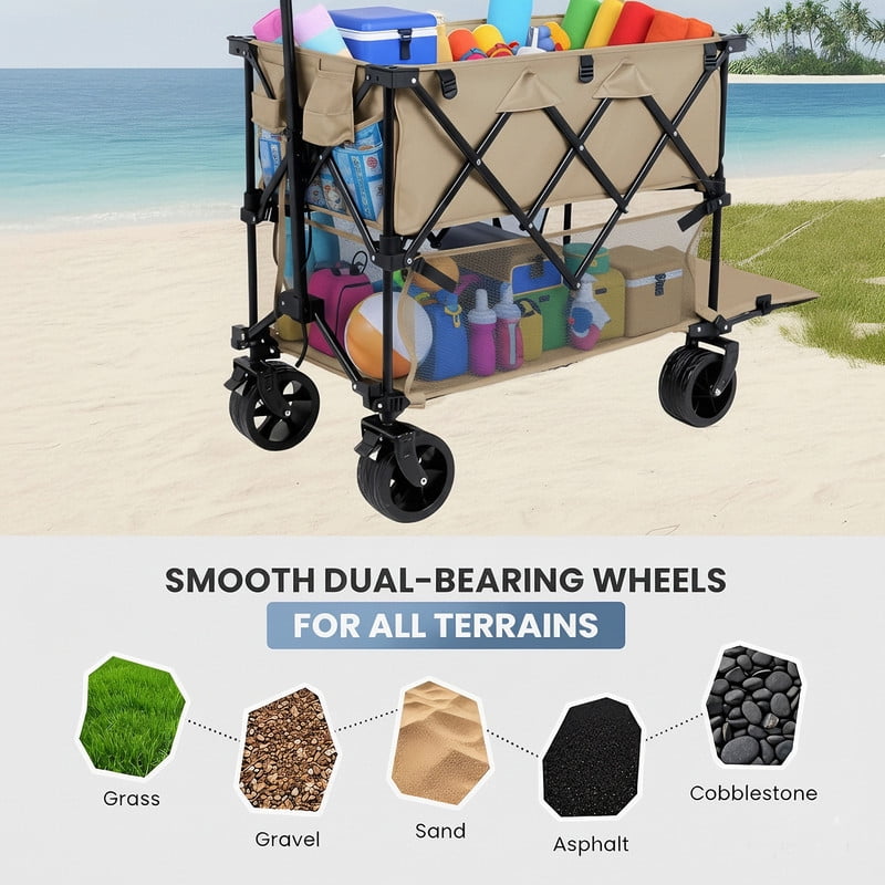 Double Decker Folding Wagon, 440lbs Heavy Duty 2 Tier Utility Cart with 320L Capacity, Collapsible Wagon with All-Terrain Wheels & Brakes for Camping, Beach, Fishing, Grocery, Gray