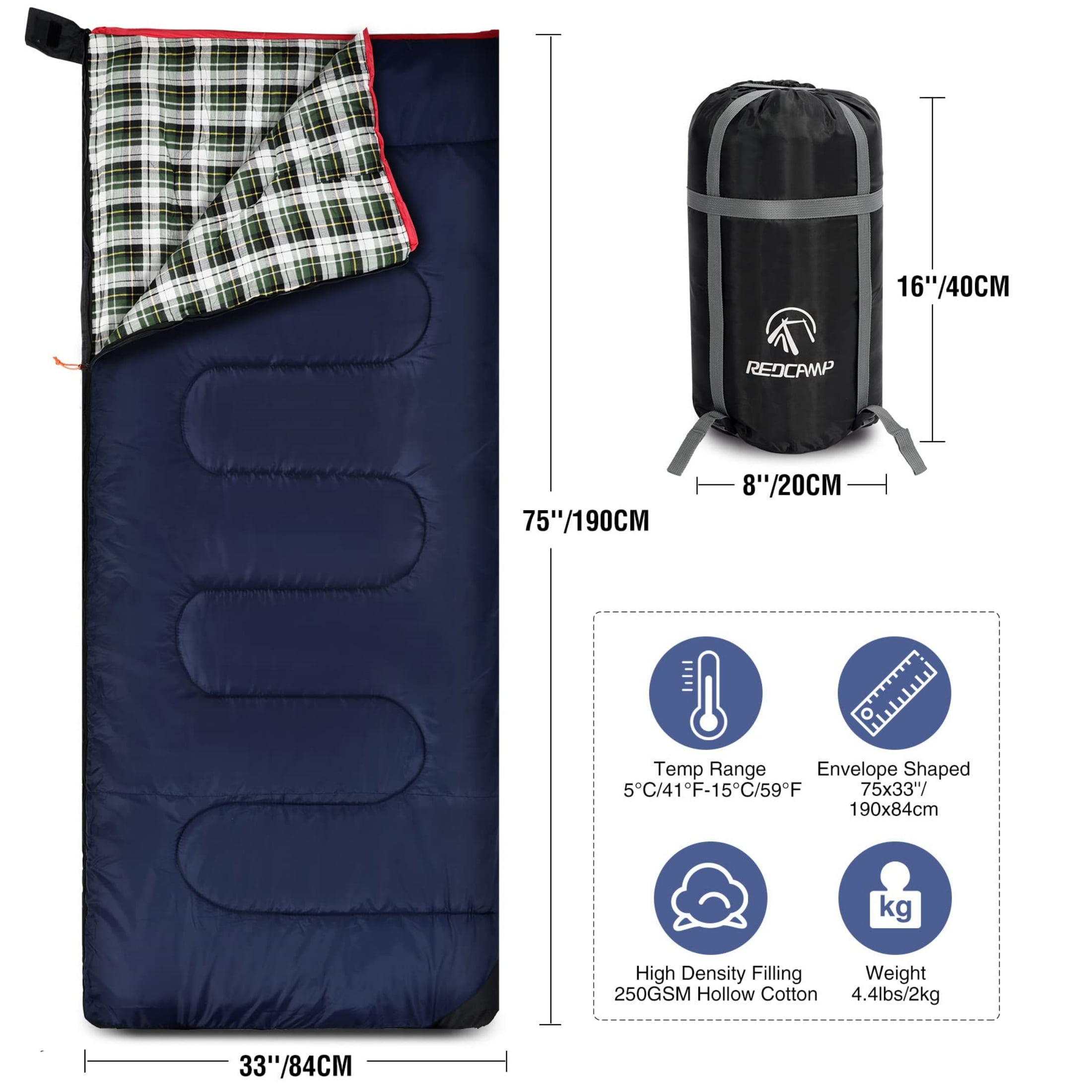 RedSwing Sleeping Bag for Adults Camping Backpacking, Cotton Flannel Envelope Sleeping Bags with 2lbs Filling