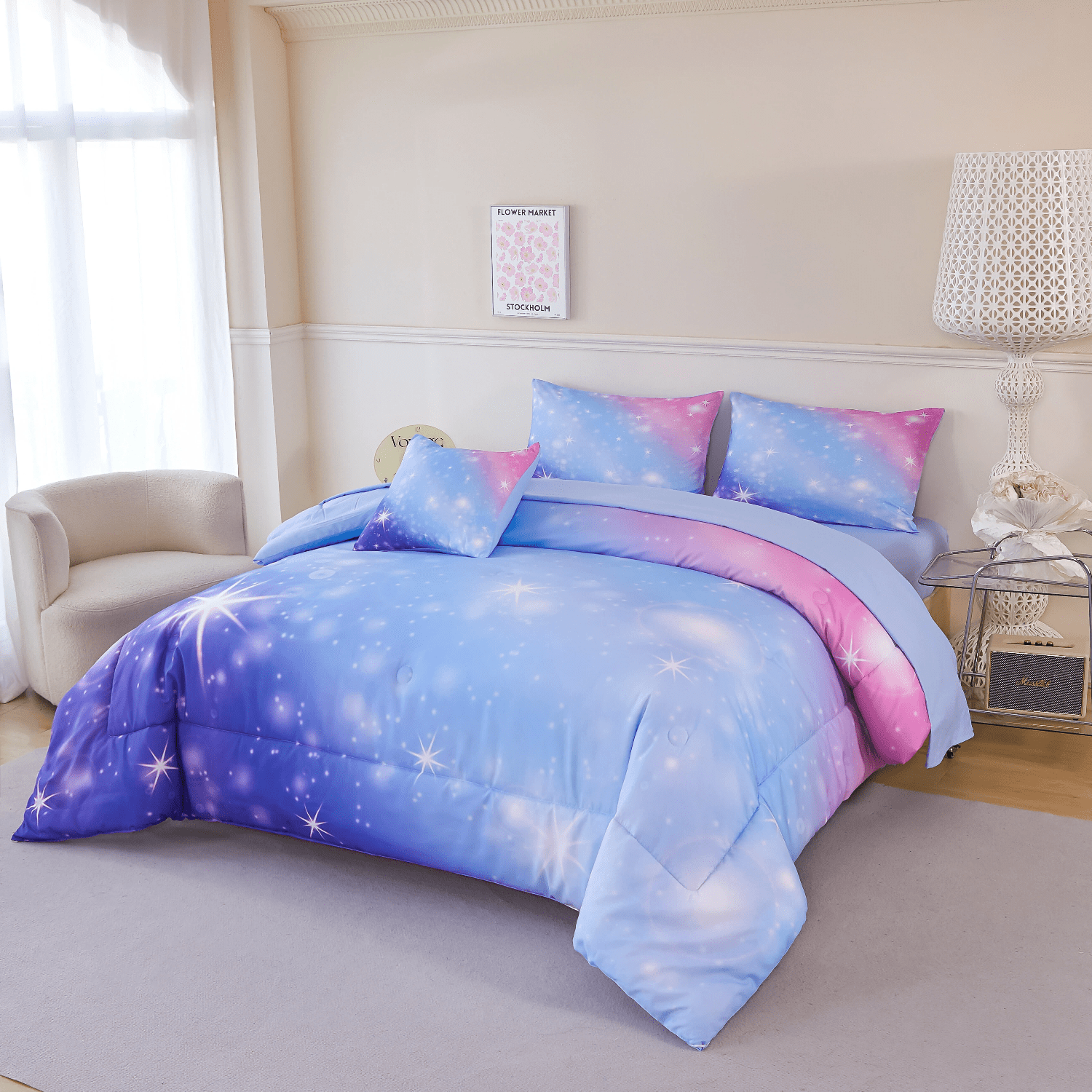 PERFEMET 6 Pieces Blue Girls Twin Galaxy Comforter Set Starry Sky Sparkle Gradient Bedding Set Ultra Soft Bed in a Bag(Blue,Twin)