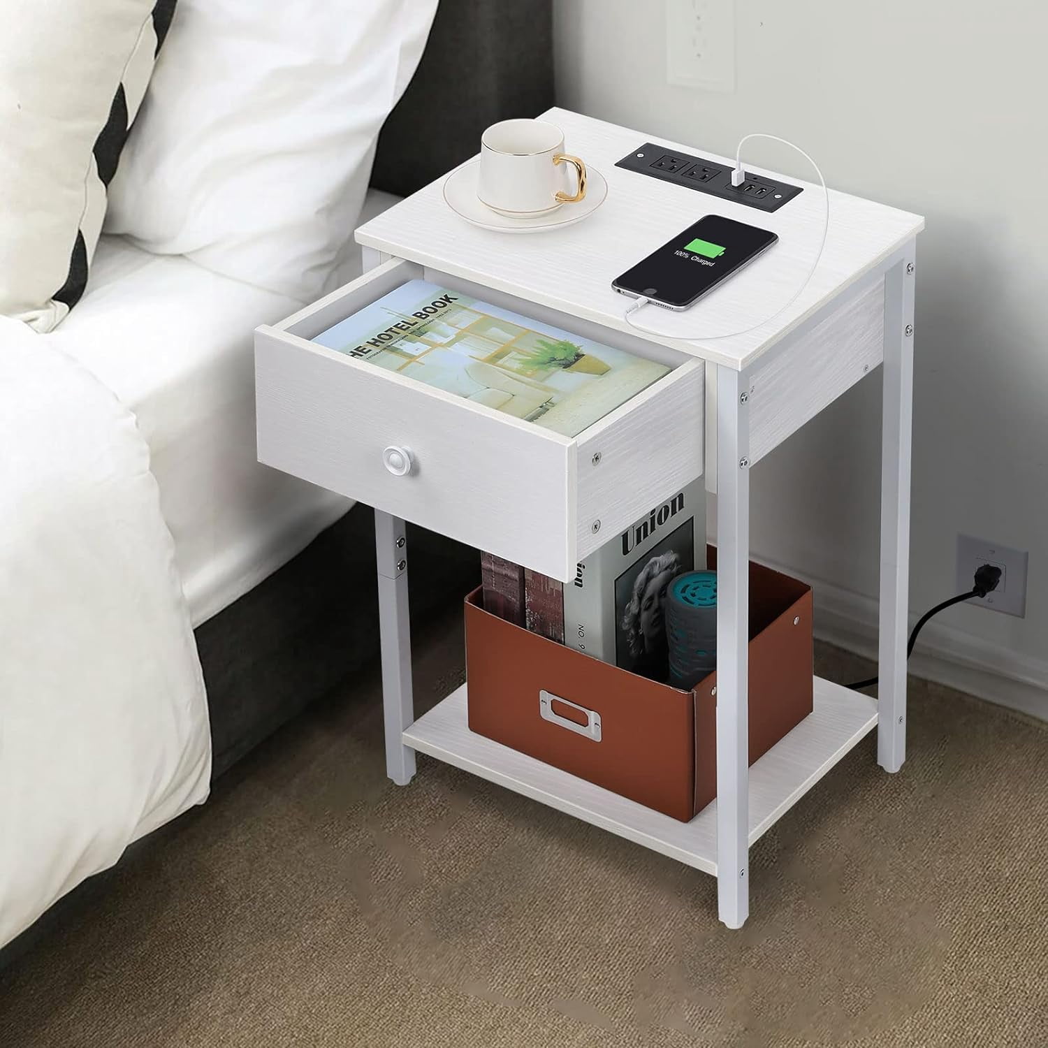 Oumilen Modern Adult Nightstand with Plug Drawer Three USB Models, White