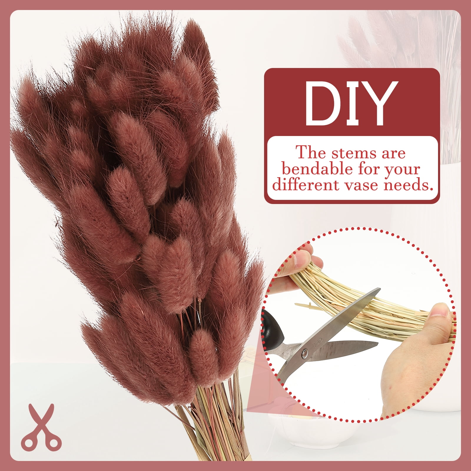 Uxcell 15.7in Bunny Tails Dried Flowers, 150pcs Pampas Grass Decor Rabbit Tail Natural Pampas Grass Bulk Fluffy Faux Pampas Grass Small Dried, Brown Red