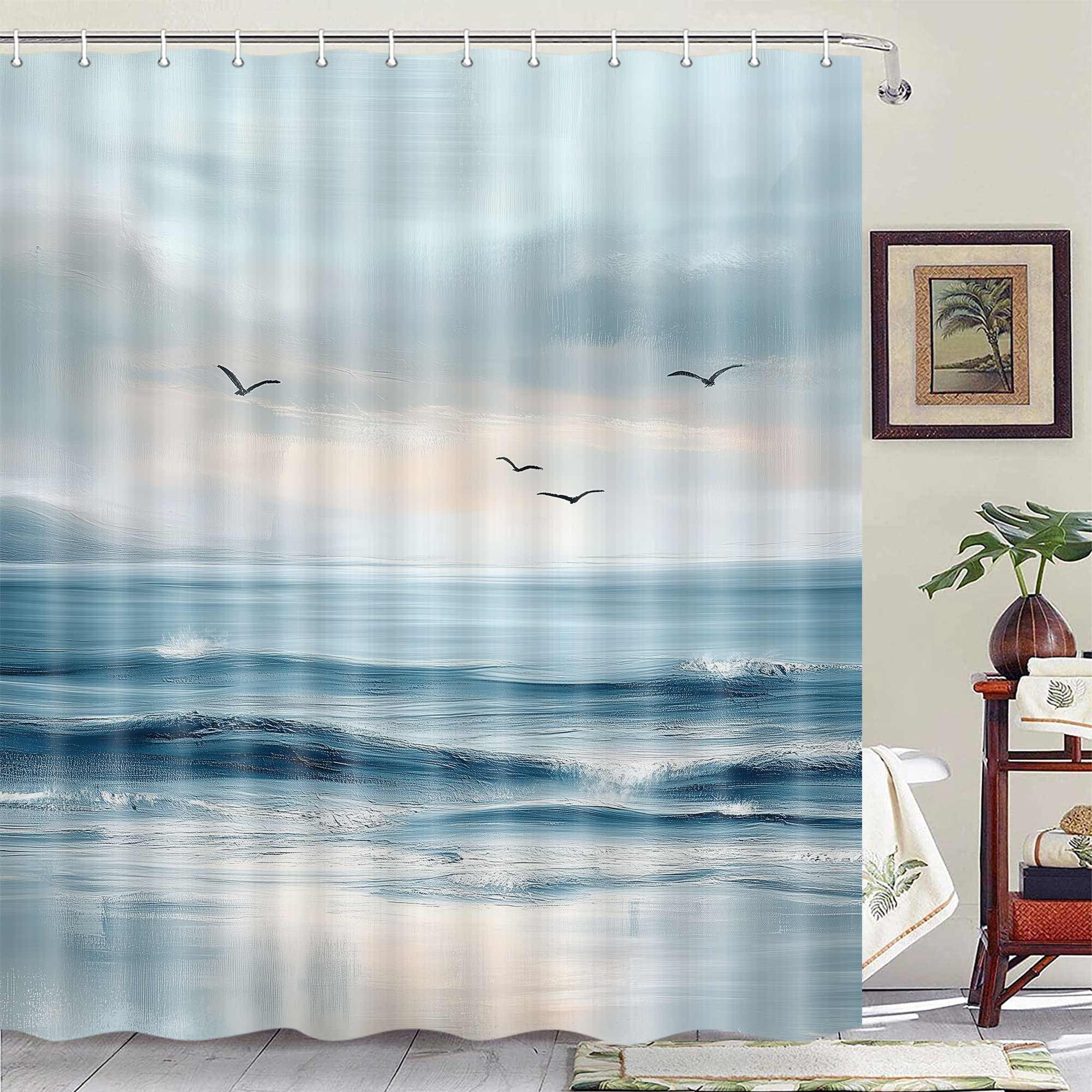 Abstract Beach Shower Curtain, Coastal Teal Oil Painting Ocean Bathroom Curtain, Sea Wave Seagull Nature Landscape Summer Scenery Watercolor Bath Accessories Bathroom Decor Curtains Hooks,72X72