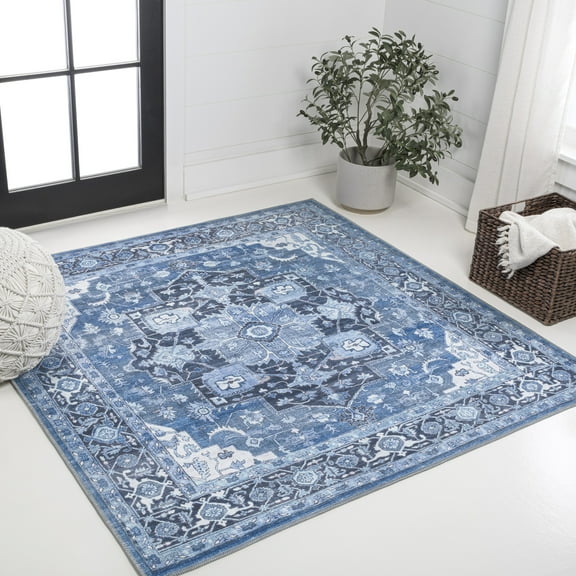 JONATHAN Y WASHABLE 6' Square Area Rug, Maris Ornate Medallion - Blue/Navy, WSH109B-6SQ