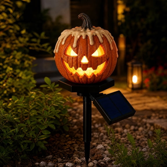 Solar Halloween Pumpkin Stake Lights, Waterproof LED Warm Light Solar Powered Garden Decor Lamp for Yard Patio Walkway Outdoor Halloween Decor 6x4x3 inch