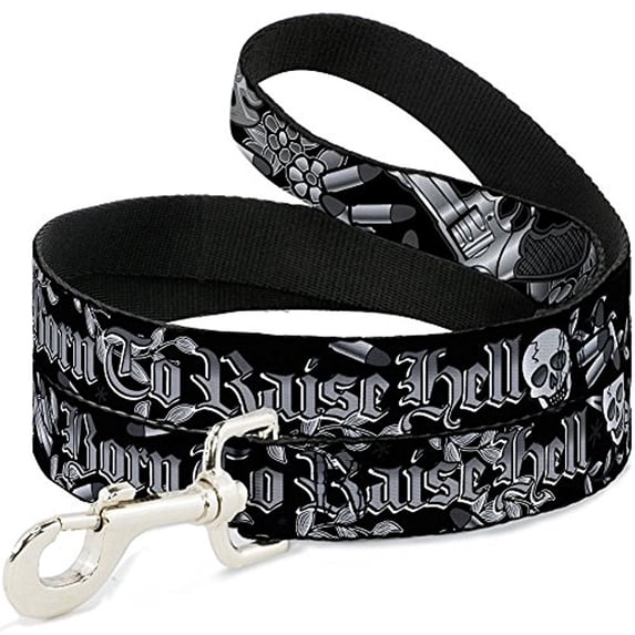 Buckle-Down Pet Leash - Born to Raise Hell Black White - 4 Feet Long - 1 2" Wide