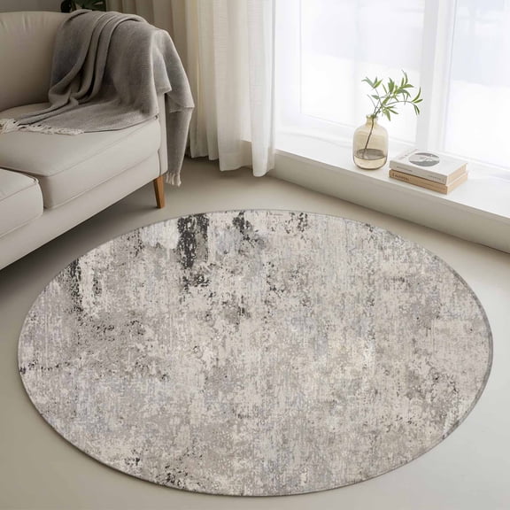 Round Rugs 3Ft, Gray Brown Round Area Rug Washable Indoor Throw Carpet, Vintage Shabby Texture Making Old Small Non Slip Circle Rug for Bedroom Living Room Home Decor Aesthetic