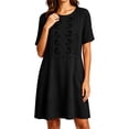 thumbnail image 4 of Ayolanni Short Sleeve Dresses for Women Henley Solid Button Midi A-Line Dress Embroidered Flowy Vacation Linen Casual Sundress with Pockets Black M, 4 of 6