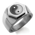 thumbnail image 1 of Stainless Steel Paisley Yin Yang Engraved Hexagon Crest Flat Top Biker Style Polished Ring, 1 of 1