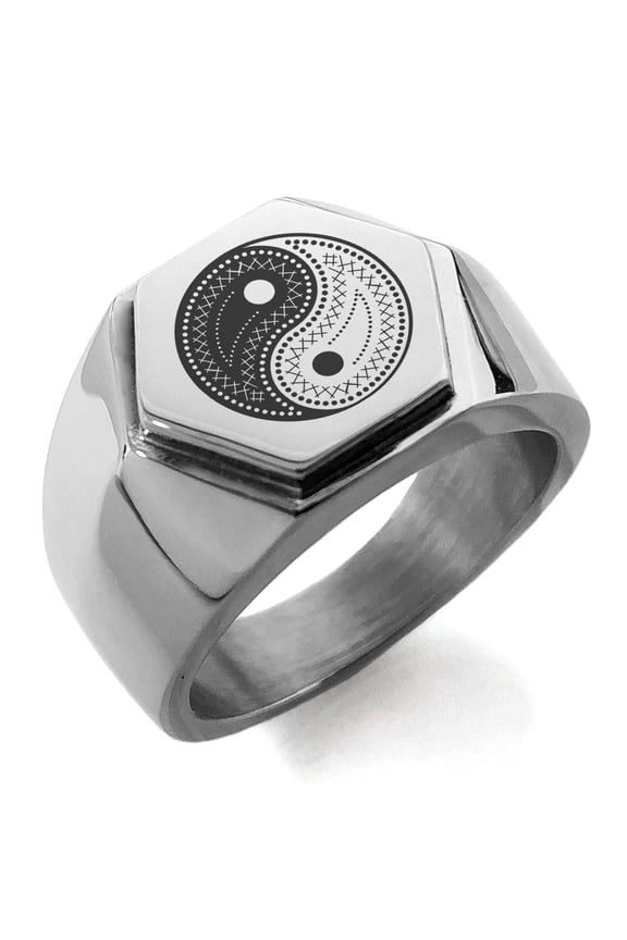 Stainless Steel Paisley Yin Yang Engraved Hexagon Crest Flat Top Biker Style Polished Ring
