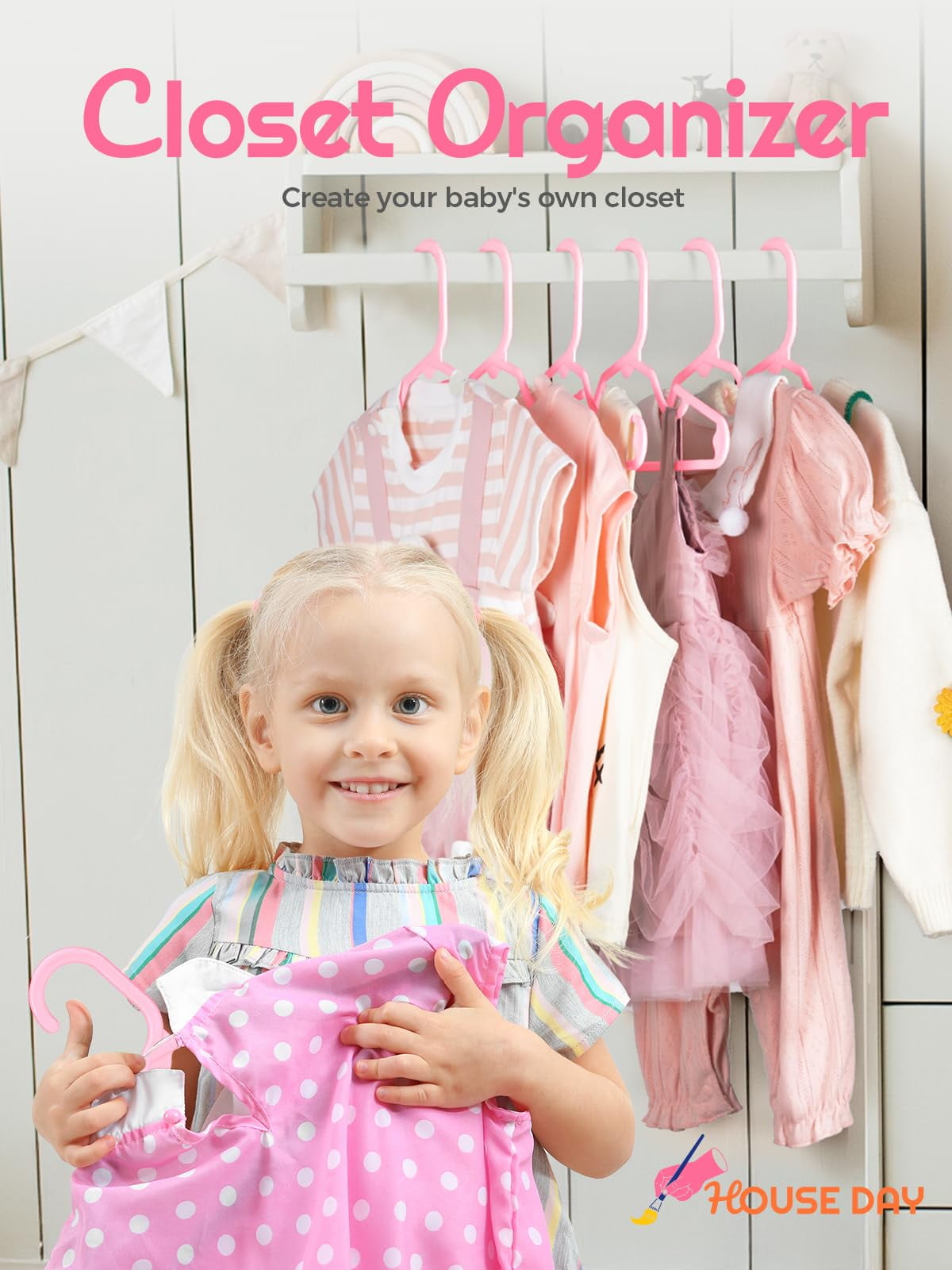 ACSTEP Baby Hangers 60 Pack, 11 Inch Kids Plastic Hangers, Non-Slip Baby Hangers for Closet, Baby Clothes Hangers for Pants Shirts Outfit Onesie, Pink