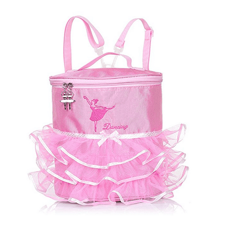 Kids Girls Ballet Dancing Backpack Ballet Girls Ballerina Embroidered Pink Lovely Backpack Tiered Ruffled Mesh Bag Backpack with Plastic Clasp