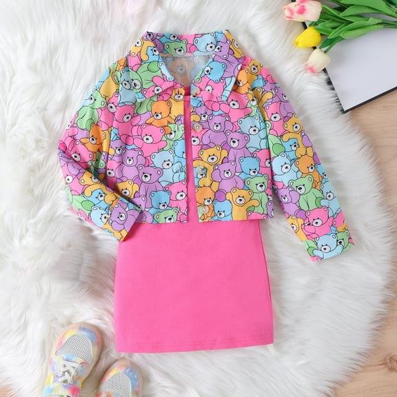 YWDJ Solid Color Halter Bottom Dress Bear Print Lapel Jacket Set Two Sets Suitable For 4~7 Years Old Age Pink 4Y
