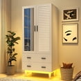 thumbnail image 3 of ChVans 71" Tall Armoire Wardrobe with Mirror & LED Lights , 2 Door Wood Wardrobe Armoire with 2 Drawers & Multi-Layer Shelves and Hanging Rod, Large Capacity Louver Storage Cabinet, White, 3 of 8