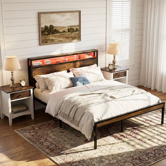 Ardelo Queen Size Bed With Charging Device, Equipped With LED Lights, Stable and Noise-free, Easy to assemble (Brown)