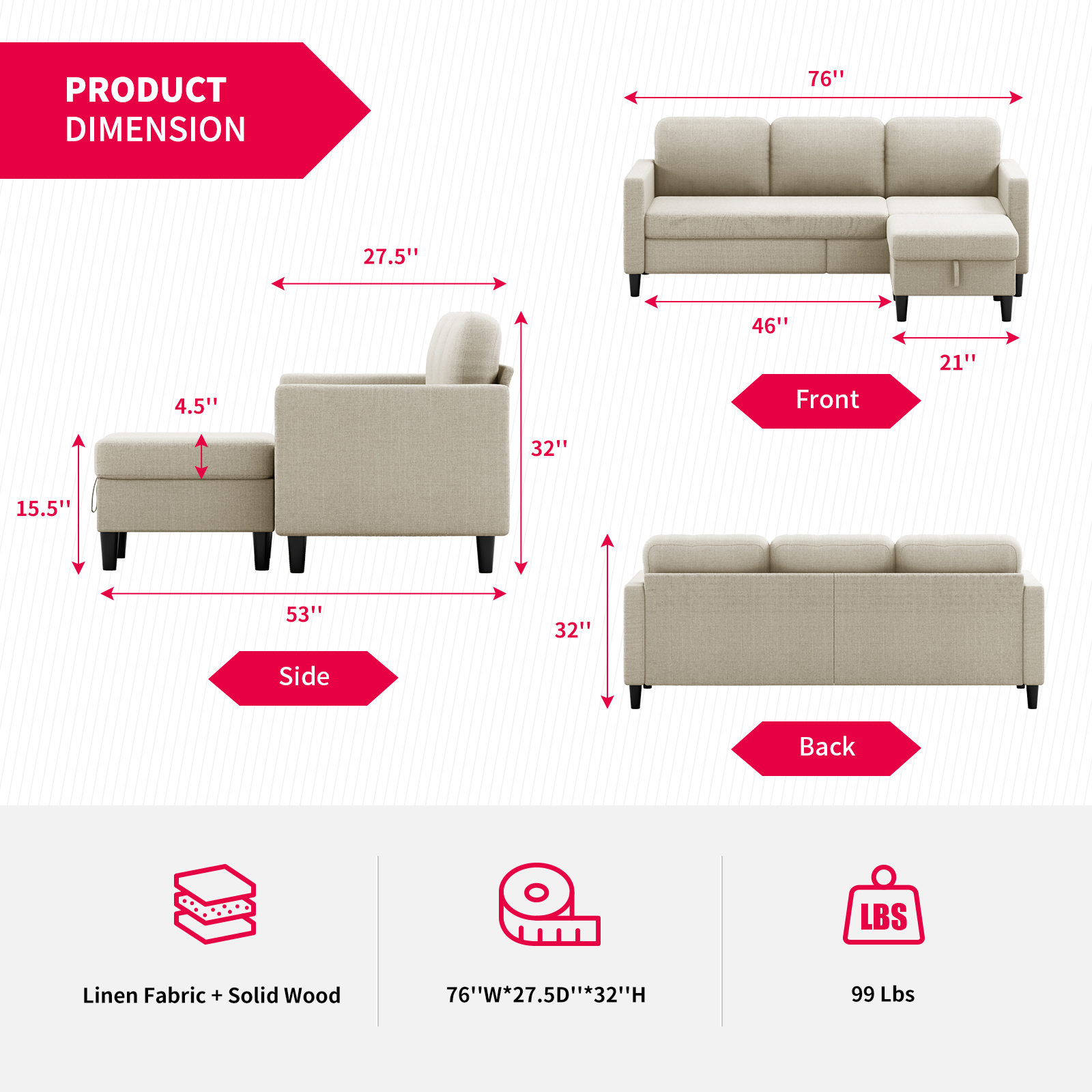 MUZZ Sectional Sofa with Movable Ottoman, Free Combination Sectional Couch, Small L Shaped Sectional Sofa with Storage Ottoman,Linen Fabric Wood Frame Sofa Set for Living Room (Beige) - image 3 of 6