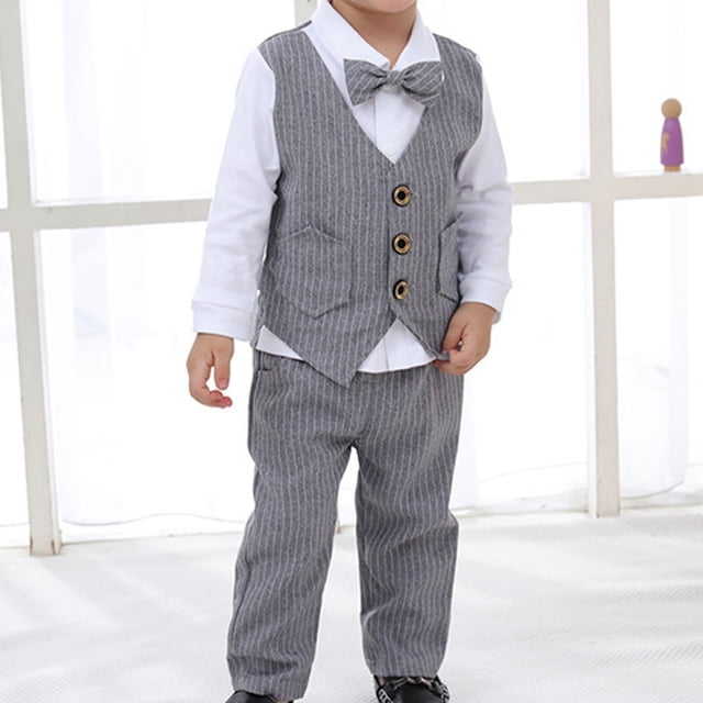 Odeerbi 6M-10Y Niños Algodón Rayas Caballero Traje Formal Niños Mangas Largas Pajarita Vestido Camisa Traje Pantalones Chaleco Tres Piezas