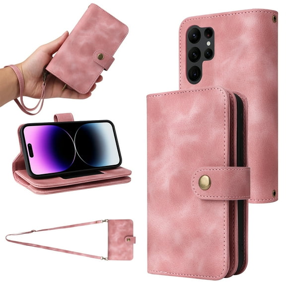 Compatible with Samsung Galaxy S22 Ultra Wallet Case, [6 Card Slots] Removable Adjustable Crossbody Necklace Lanyard Shoulder Strap Zipper PU Leather Case for Samsung Galaxy S22 Ultra,Pink